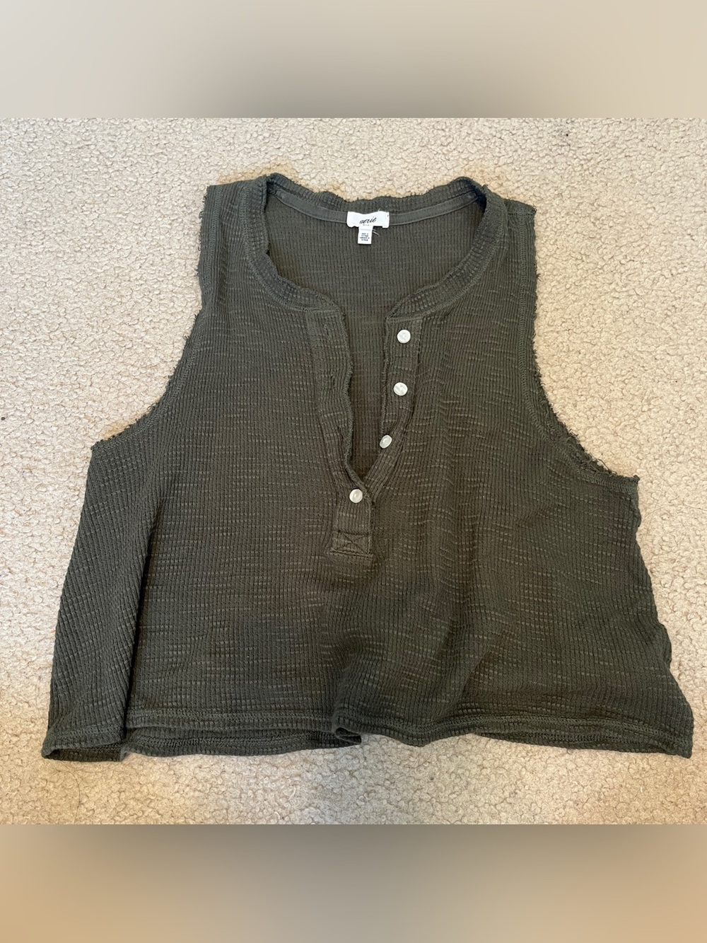 aerie Olive Waffle Henley Distressed Cropped Tank Top